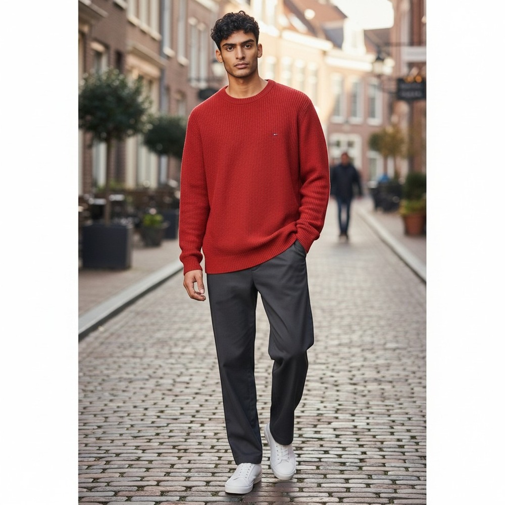 Tommy‎ Hilfiger Men's Red Crewneck Sweater with Flag Logo